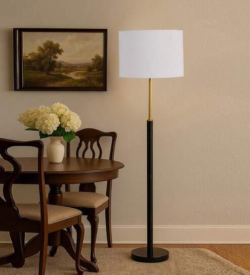 Devansh Grey cotton Drum shade with   floor lamp with wood base .-