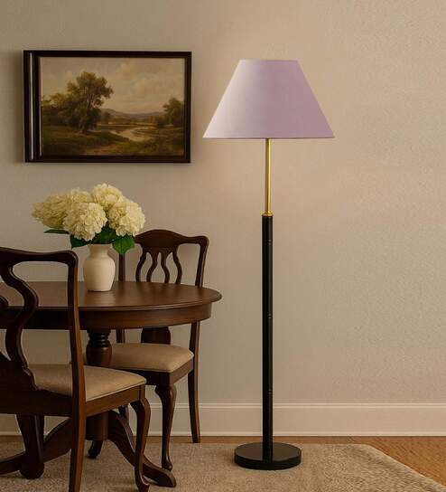 Devansh Grey cotton Drum shade with   floor lamp with wood base .-