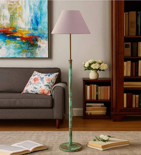 Devansh Grey cotton Drum shade with   floor lamp with wood base .-