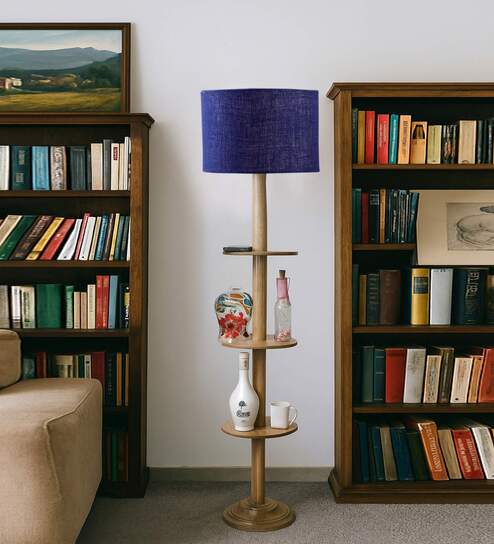 Devansh Maroon cotton Drum shade with   floor lamp with wood base