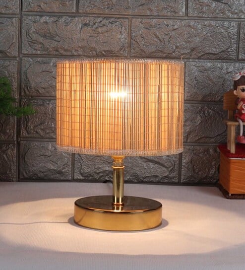Rhombus Beige Bamboo Shade Night Lamp With Metal Base By New Era