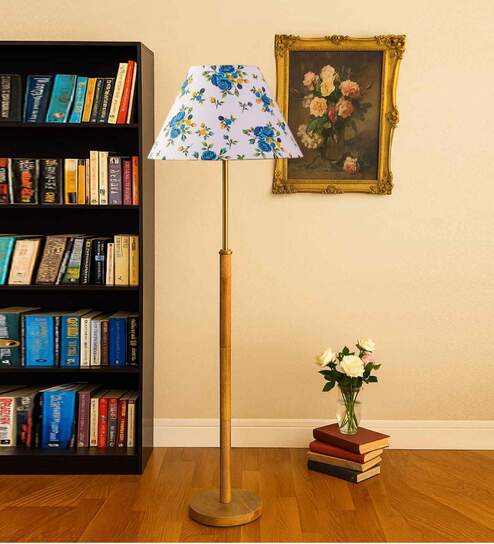 Devansh Multi cotton Drum shade with   floor lamp with wood base .-