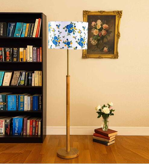 Devansh Multi cotton Drum shade with   floor lamp with wood base .-