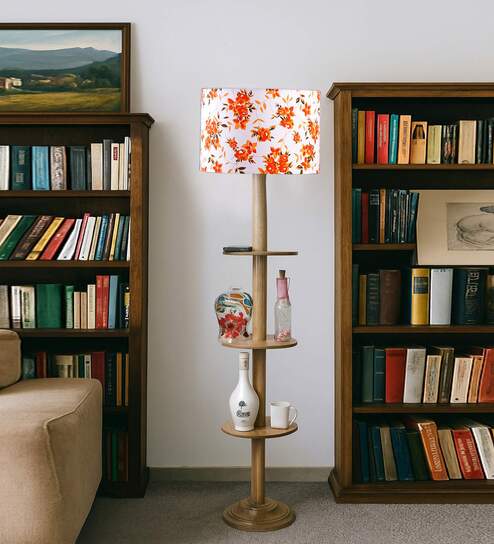 Devansh Multi cotton Drum shade with   floor lamp with wood base .-