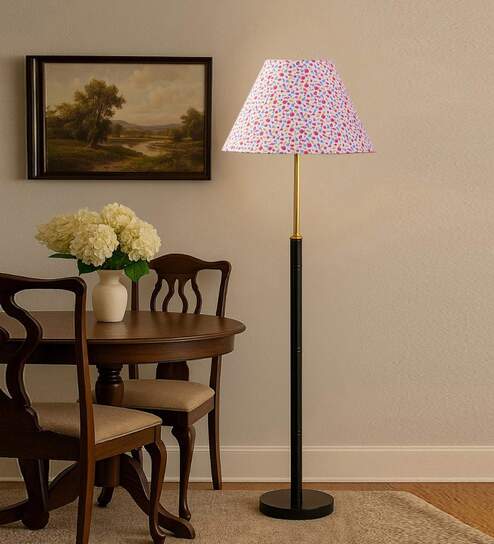 Devansh Multi cotton Drum shade with   floor lamp with wood base .-