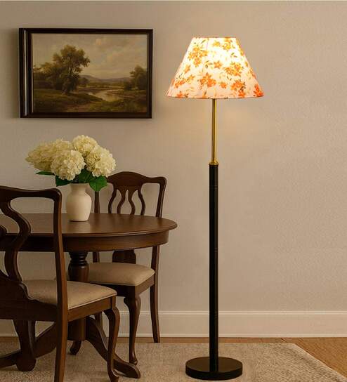 Devansh Multi cotton Drum shade with   floor lamp with wood base .-