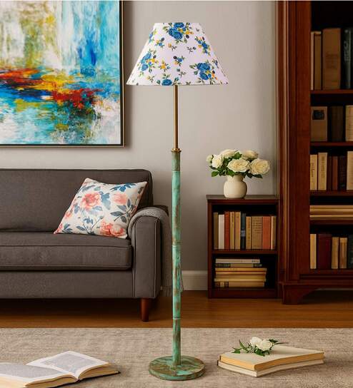 Devansh Multi cotton Drum shade with   floor lamp with wood base .-