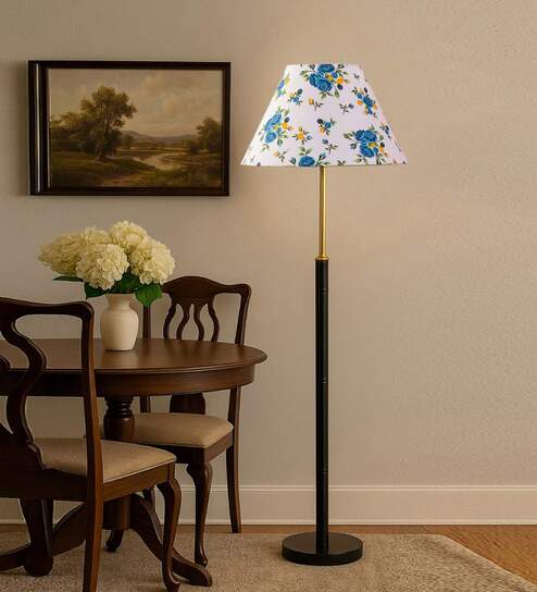Devansh Multi cotton Drum shade with   floor lamp with wood base .-