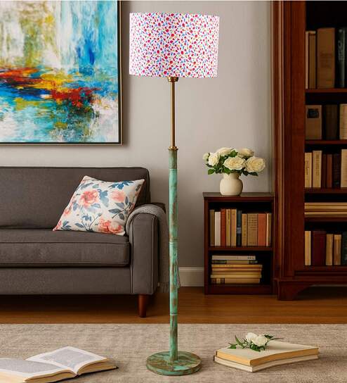 Devansh Multi cotton Drum shade with   floor lamp with wood base .-