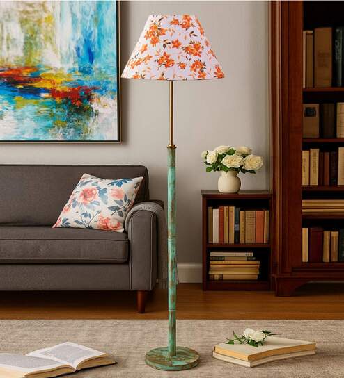 Devansh Multi cotton Drum shade with   floor lamp with wood base .-