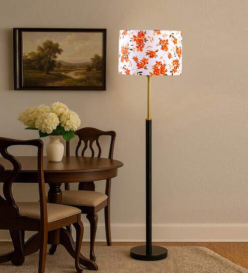 Devansh Multi cotton Drum shade with   floor lamp with wood base .-