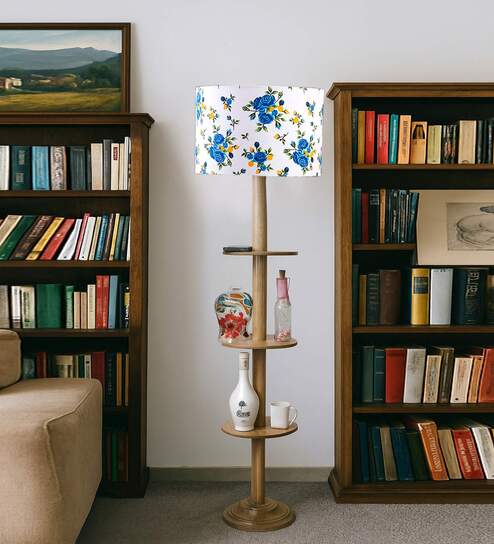 Devansh Multi cotton Drum shade with   floor lamp with wood base
