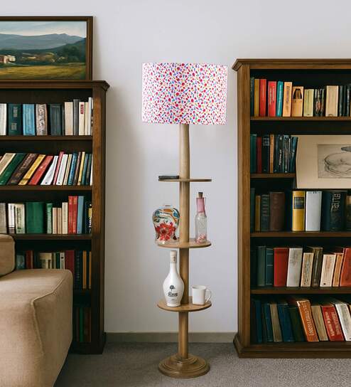 Devansh Multi cotton Drum shade with   floor lamp with wood base