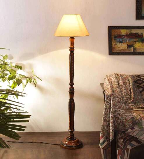 off  white cotton conical wooden floor lamp