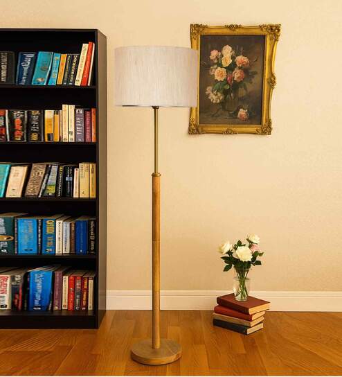 Devansh off-white cotton Drum shade with   floor lamp with wood base .-