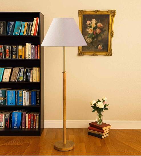 Devansh off-white cotton Drum shade with   floor lamp with wood base .-
