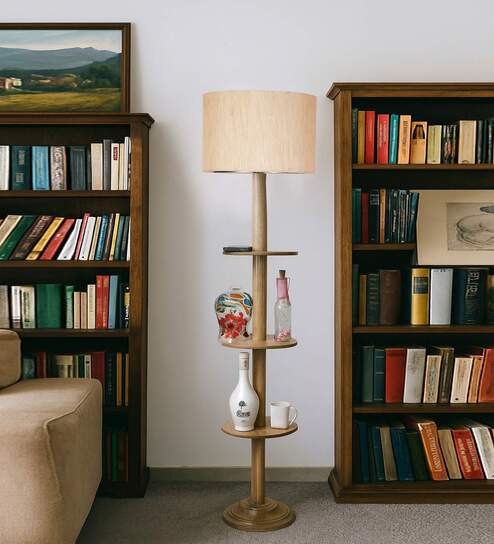 Devansh off-white cotton Drum shade with   floor lamp with wood base