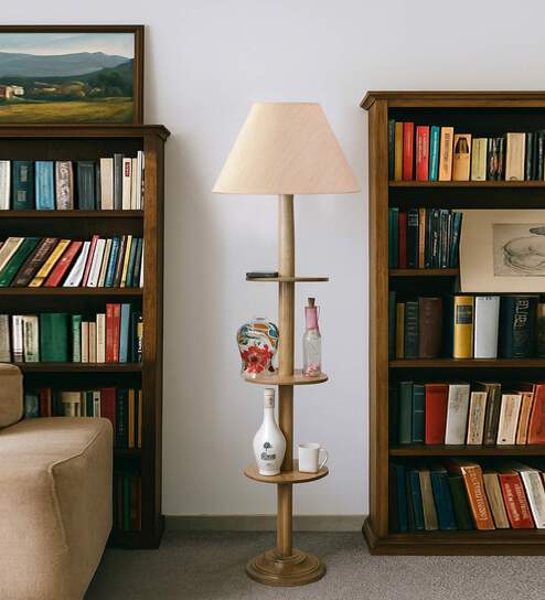 Devansh off-white cotton Drum shade with   floor lamp with wood base