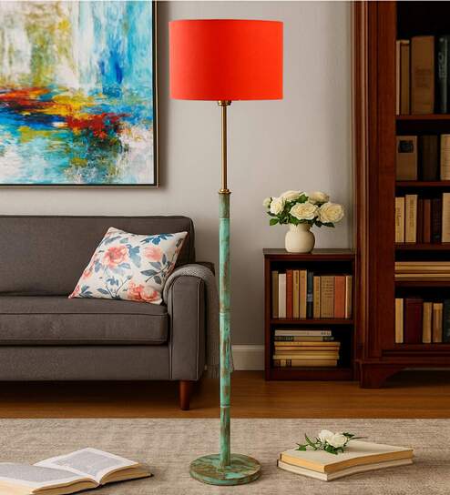 Devansh Orange cotton Drum shade with   floor lamp with wood base .-
