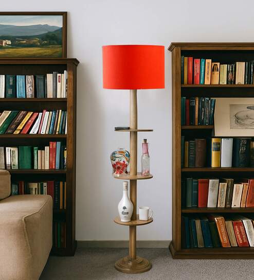 Devansh Orange cotton Drum shade with   floor lamp with wood base