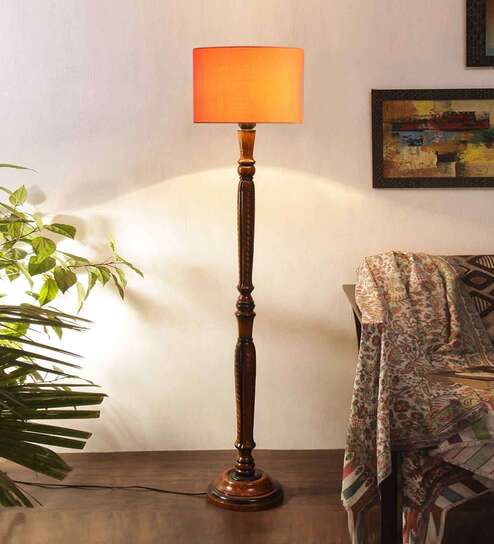 Orange cotton wooden floor lamp