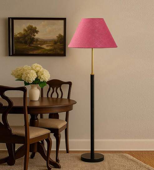 Devansh Pink cotton Drum shade with   floor lamp with wood base .-