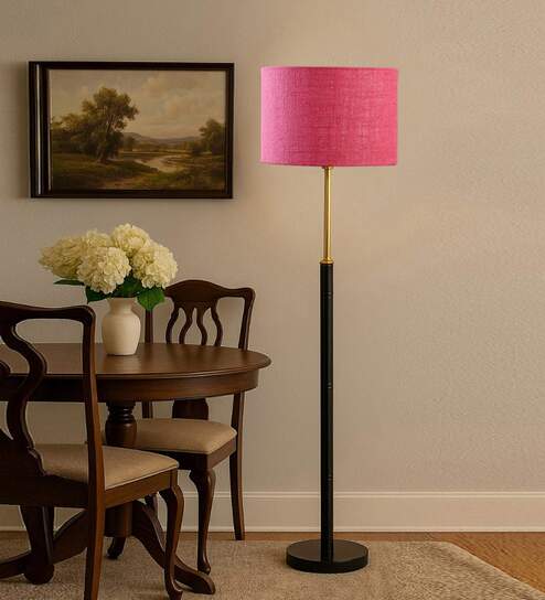 Devansh Pink cotton Drum shade with   floor lamp with wood base .-