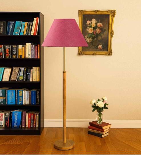 Devansh Pink cotton Drum shade with   floor lamp with wood base .-