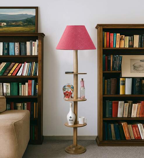 Devansh Pink cotton Drum shade with   floor lamp with wood base .-