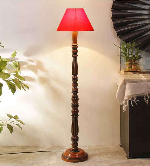Red cotton conical wooden floor lamp