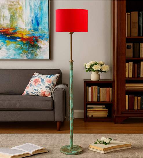 Devansh Red cotton Drum shade with   floor lamp with wood base .-