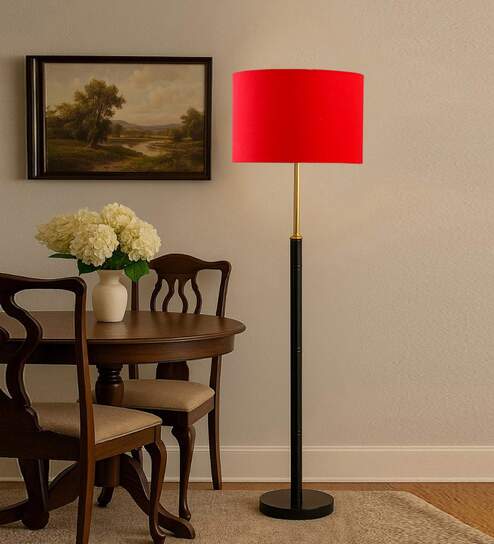 Devansh Red cotton Drum shade with   floor lamp with wood base .-
