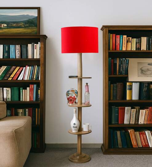 Devansh Red cotton Drum shade with   floor lamp with wood base