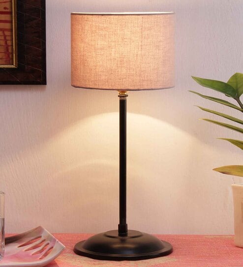 Grey Cotton Shade Lamp  With Black Base
