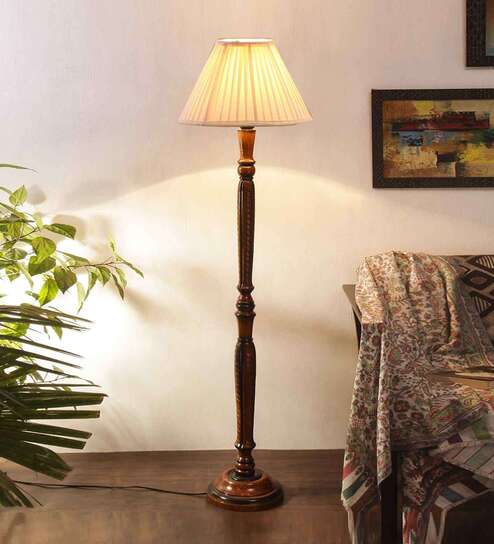 Straight Pleated off white cotton Wooden Floor Lamp
