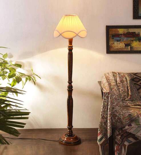 Vintage off white cotton Wooden Floor Lamp