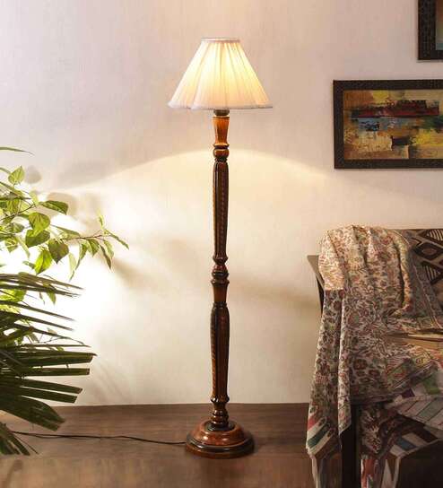 vintage cotton Shade wood Floor Lamp
