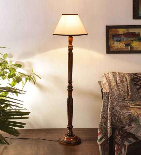 White & Black cotton conical wooden floor lamp