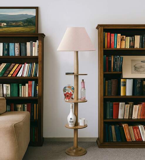 Devansh White cotton Drum shade with   floor lamp with wood base .-