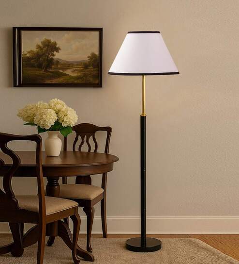 Devansh White cotton Drum shade with   floor lamp with wood base .-