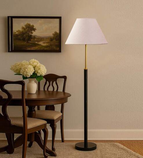 Devansh White cotton Drum shade with   floor lamp with wood base .-
