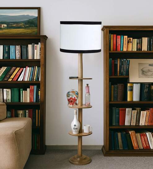 Devansh White cotton Drum shade with   floor lamp with wood base