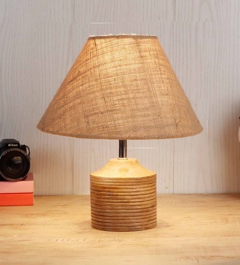 Devansh Wood Table Lamp With Beige Jute Shade by New Era