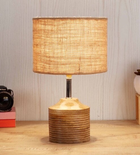 Devansh Wood Table Lamp With Beige Jute Shade by New Era