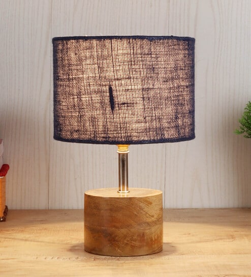 Devansh Wood Table Lamp With Blue Jute Shade by New Era