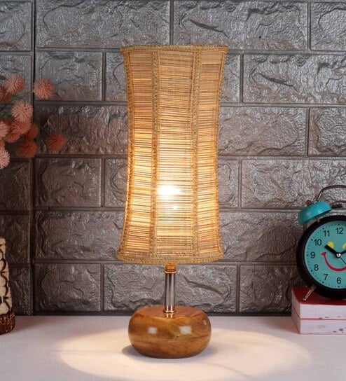 Devansh Wood Table Lamp With Damru Bamboo Shade
