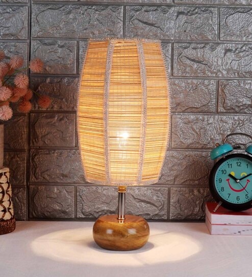 Modern Beige Bamboo Shade Table Lamp With Wood Base by New Era
