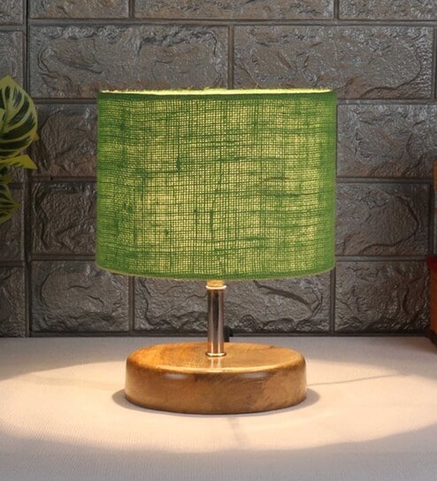 Devansh Wood Table Lamp With Green Jute Shade by New Era