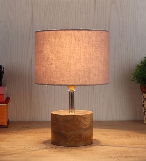 Devansh Wood Table Lamp With Grey Cotton  Shade by New Era