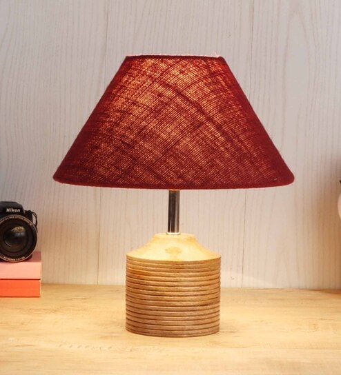 Devansh Wood Table Lamp With Maroon Jute Shade by New Era
